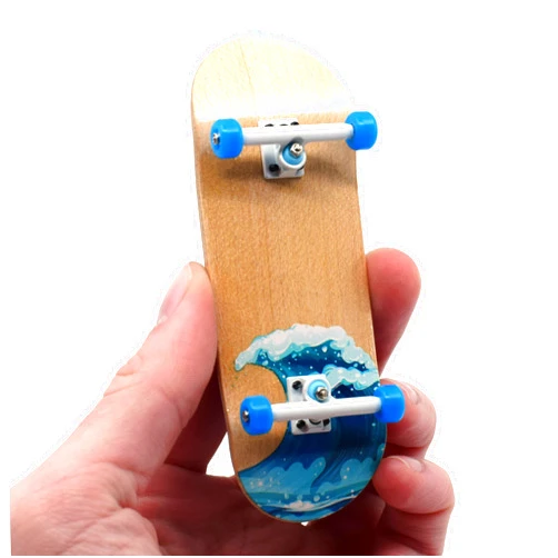 Teak Tuning Complete Fingerboard Waves Edition - Premium, Heat Transfer Graphic - Pro Shape & Size - Bearing Wheels, Pro Trucks, 61A Pro Duro Bushings - 34mm x 97mm Deck