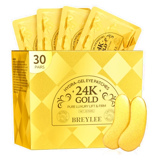 BREYLEE Under Eye Patches (30 Pairs), 24K Gold Eye Masks for Reducing Wrinkles and Fine Lines Under eye, Puffy Eyes and Dark Circles Treatments, Improve and Firm eye Skin, Pure Natural Extract