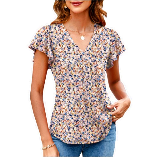LOMON Womens Tops Dressy Casual Summer Flutter Sleeve T-Shirts Trendy Ruffle Short Sleeve Loose V-Neck Tunic Tops