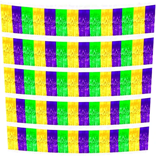 Ohiyoo 5 Pack 10 Feet Mardi Gras Foil Fringe Garland Mardi Gras Parade Float Fringe Metallic Streamers Tinsel Fringe Banner for Birthday Party Decor St Patrick Halloween Christmas Decoration