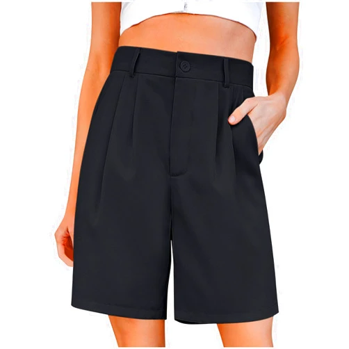 Wkishenl Women's Fashion Blazer Shorts Solid Zipper Button High Waisted Shorts Straight Casual Breathable Pocket Medium Pants