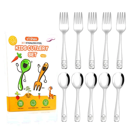 VITEVER 10-Piece Toddler Utensils, Kids Stainless Steel Silverware Set, Children Safe Forks and Spoons - Mirror Polished, Dishwasher Safe