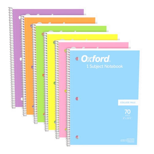 Oxford Spiral Notebook, 1 Subject, College Ruled Paper, 8 x 10-1/2 Inch, Pastel Pink, Orange, Yellow, Green, Blue and Purple, 70 Sheets (63756), Set of 6
