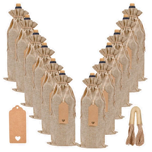EVRWO Burlap Wine Bags 12 Pcs Wine Bottle Gift Bags Reusable Gift Bags With Drawstrings Tags & Ropes for Holiday Weedings Party, Birthdays, Travel, Blind Tastings, Home Storage 750ml (Natural)