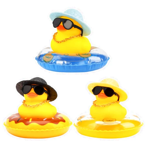 wonuu Rubber Duck Car Ornaments 3Pcs Yellow Duck Car Dashboard Decorations with Mini Hat Swim Ring Necklace Sunglasses, Yellow&Black&Blue Hat