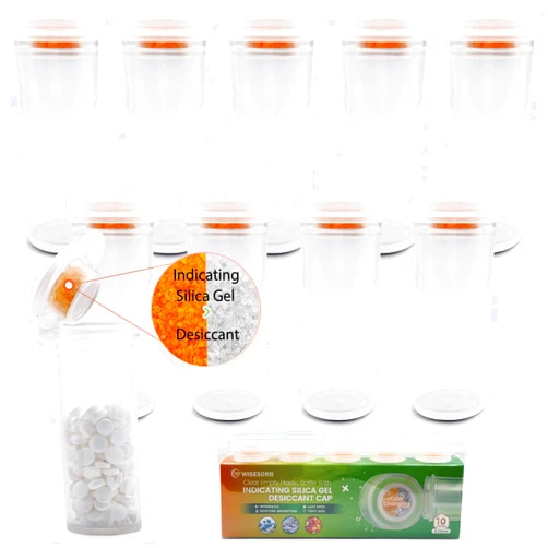 Wisesorb Desiccant Cap Pill Bottle 8 Dram 10pcs, Pill Bottle with Indicating Silica Gel Desiccant Cap (Orange to White), Medicine Bottle, Pill Bottles Empty with Caps, Empty Pill Bottles