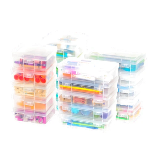 IRIS Bundle of IRIS USA 10-Pack Medium Craft Storage Containers + 10-Pack Small Craft Storage Containers, Plastic Hobby Art Supply Organizer with Latching Lid, for Pencil, Crayon, Ribbons, Stickers, Clear