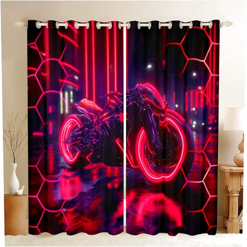 Manfei Cool Motorcycle Window Drapes Block 30%-50% Light,Extreme Sport Dirt Bike Kitchen Window Treatments 42Wx63L Inches,Neon Pink Honeycomb Decor Window Curtains