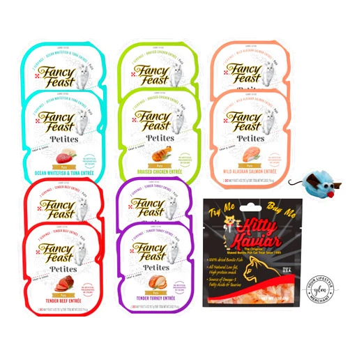Your Lifestyle Merchant Fancy Feast Petites Pate Wet Cat Food Variety Bundle / 2 Each (2.8oz) Beef, Chicken, Ocean Whitefish & Tuna, Salmon and Turkey/Includes Fish Flakes Food Topper/Toy Mouse