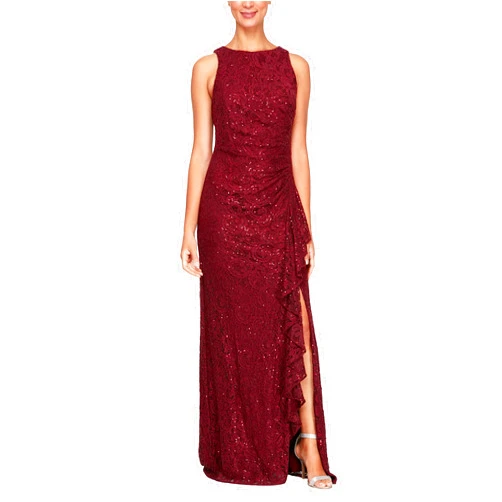 Alex Evenings Women's Long Sleeveless Mother of The Bride Dress W/Cascade Ruffle & Front Slit (Petite and Regular Sizes)