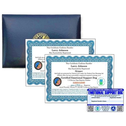Just 4 Paws Official Certified Emotional Support Dog Certificates & Leather Presentation Folder, Customized Set of 2 Certificates Includes Handler/Dog Info PVC Card-with Registration at U S Service Dogs Registry