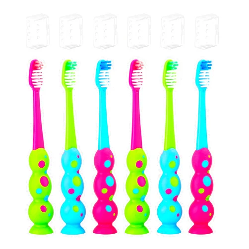 Farber Baby Kids Toothbrushes Set – Childrens Toothbrush 6 Pack with Compact, Extra Soft Bristles for Sensitive Teeth and Easy Grip Suction Cup Handles – Includes 6 Travel Covers (Pink, Blue, Green)