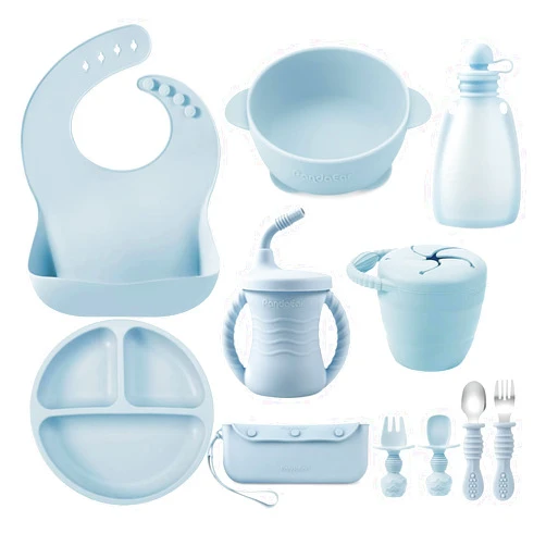 PandaEar Silicone Baby Feeding Set | 11PCS Baby Led Weaning Supplies Self Feeding Utensils | Divided Suction Plate Bowl Bibs Sippy Cup with Baby Food Pouch Snack Container Spoons Forks, Blue