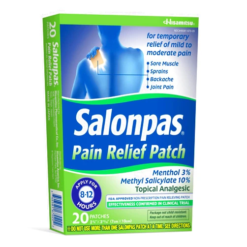 Salonpas Pain Relieving Menthol and Methyl Salicylate Patch, 20 Count, for Back, Neck, Shoulder, Knee Pain and Muscle Soreness, 12 Hour Pain Relief