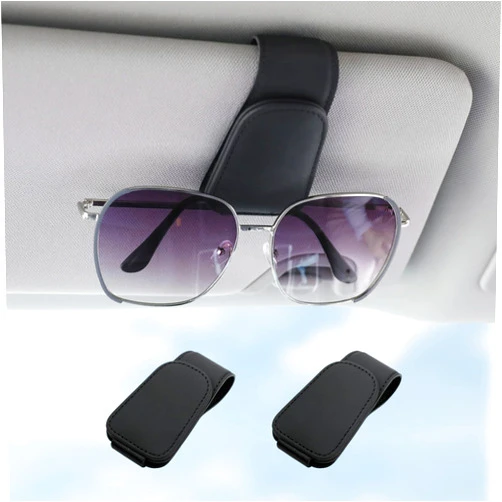 KanSmart Sunglass Holder for Car Visor Sunglasses Clip Magnetic Leather Glasses Eyeglass Holder Interior Car Accessories for Woman Man -2 Packs Black