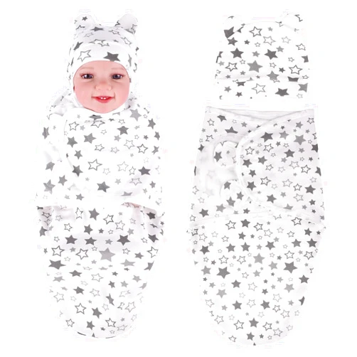 BABESIDE Reborn Baby Doll Swaddle Blanket with Baby Doll Hat for 17-24 Inch Dolls, Baby Doll Blanket and Baby Doll Accessories Set for Newborn Baby Dolls, White & Gray Star Pattern