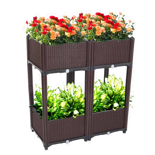 Jovera Planter Raised Beds Kits Set of 4, Plastic Elevated Garden beds with Brackets for Flowers Vegetables, Outdoor Indoor Planting Box Container for Garden Patio Balcony Restaurant, Easy Assembly (Brown)