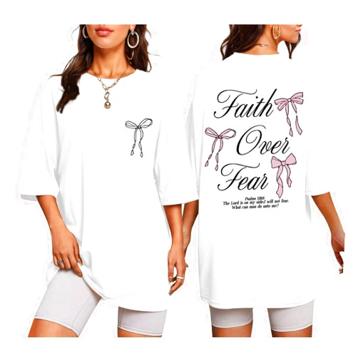 Pairxily Faith Over Fear Shirt Oversized Christian Cute Bow Shirts for Women Bible Verse Religious Tshirts Coquette Tops