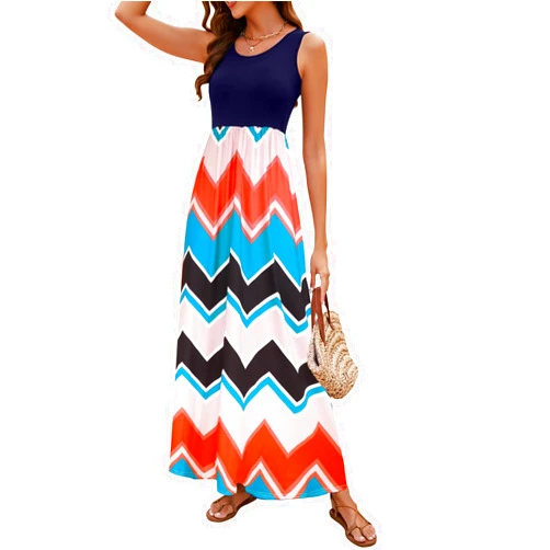 Sherosa Women Boho Chevron Striped Floral Printed Summer Sleeveless Tank Long Maxi Party Dress