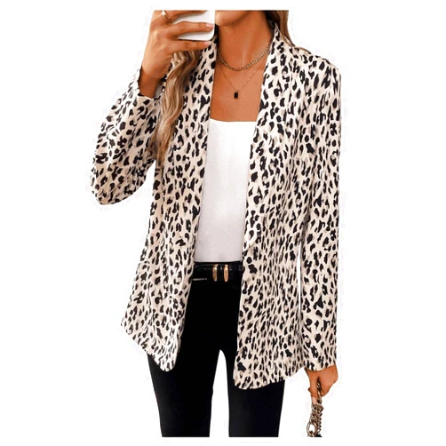 MakeMeChic Women's Leopard Print Open Front Shawl Collar Long Sleeve Blazer Jacket