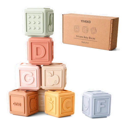 YIVEKO Baby Blocks Toys Stacking for Babies Silicone Soft Building Blocks Teethers Toys Montessori Toys for Babies Education Toys for Toddler Baby 8 PCS-Gentle