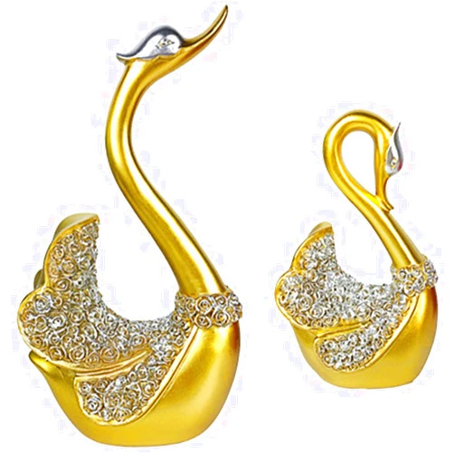 Joylern 1 Pair Swan Statue Resin Swan Figurines Couple Swan Sculpture Animals Crafts Ornaments for Wedding Birthday Party - Golden