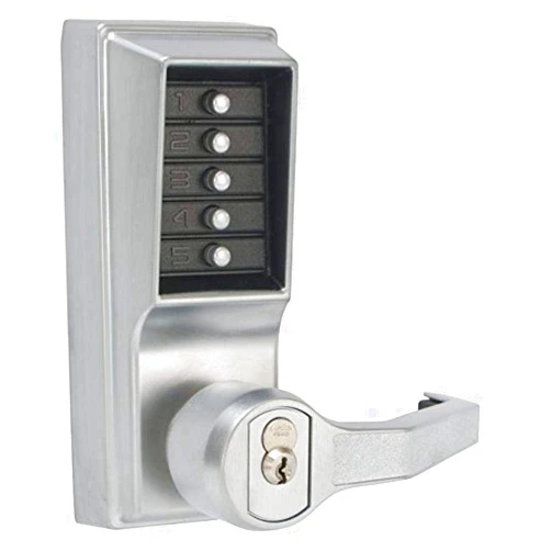 Simplex Kaba Simplex L1000 Series Metal Mechanical Pushbutton Cylindrical Lock with Lever, Combination Entry, Key Override and Passage, 13mm Throw Latch, Floating Face Plate, 70mm Backset, R/C Medeco/ASSA/Yale/Abloy (5 or 6 Pin Length), Core Not Included, Satin Chrome Finish, Left Hand