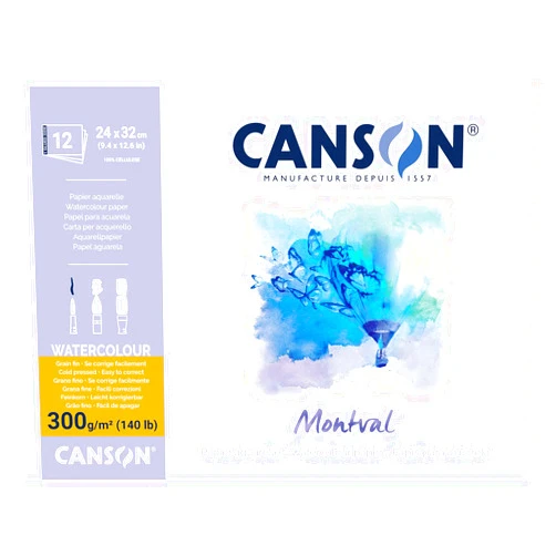 Canson Infinity Canson Montval 300gsm watercolour practice paper pad including 12 sheets, size:24x32cm, natural white and Cold Pressed (Not)