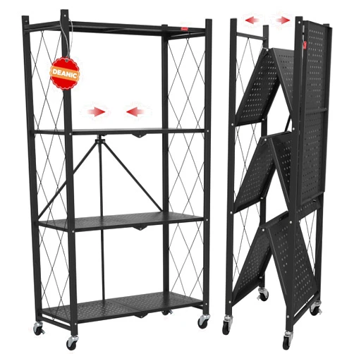 DEANIC 4 Tier Foldable Storage Shelves with Wheels, Large Capacity Shelving Unit, Freestanding Metal Wire Shelf Rack, No Assembly Organizer Rack for Garage Kitchen, Basement, Pantry(Black)