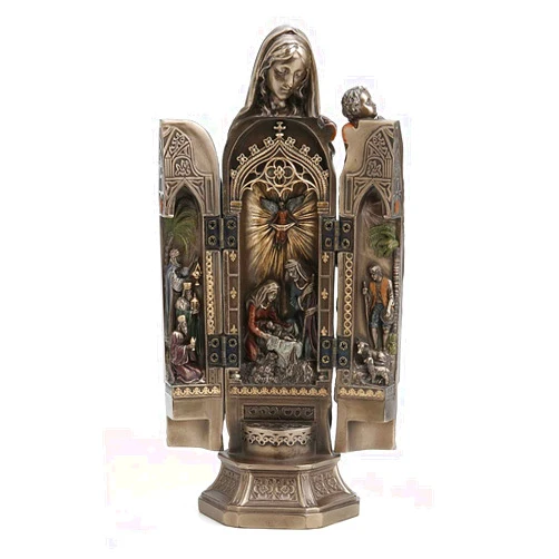 Veronese Design 7 7/8 Inch Tall Madonna and Baby Jesus Triptych Religious Decor Gift Cold Cast Bronzed Resin Faith Collecitbles Nativity Design