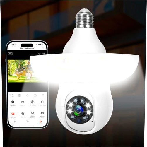 SHANNA 3MP Light Bulb Security Camera with big light bulb,2.4GHz-Security Cameras Wireless Outdoor 355° Light Bulb Camera Outdoor with Human Detection&Auto Tracking,Color Night Vision,Siren Alarm,2-Way Talk