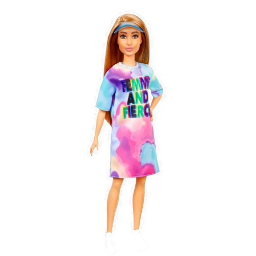 Barbie Fashionistas Doll, Petite, with Light Brown Hair Wearing Tie-Dye T-Shirt Dress, White Shoes & Visor, Toy for Kids 3 to 8 Years Old
