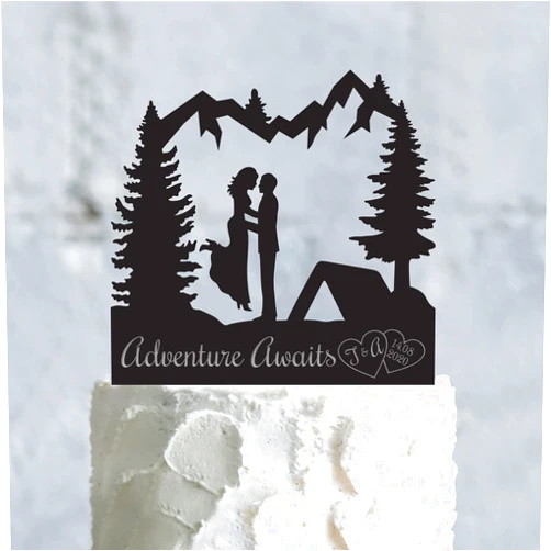 Egeshangb Adventure Awaits Mountain Wedding Camping Tent Cake Topper,our Greatest Adventure Mountain Outdoor Custom Personalized Cake Topper for Special Event Celebration Party Cake Decoration Supplies.