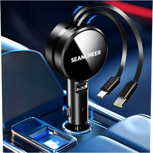 SEANCHEER Retractable Car Charger for iPhone and Android Fast Charging, Car Charger with Retractable Cords(2.6Ft), USB-C Ports,Compatible with iphone15/ Pro Max 14/ Pro Max/13/12/11/iPad/Galaxy