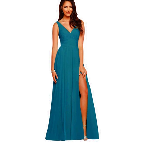 Staypretty Women's V Neck Long Chiffon Split Evening Prom Gowns 6 Teal
