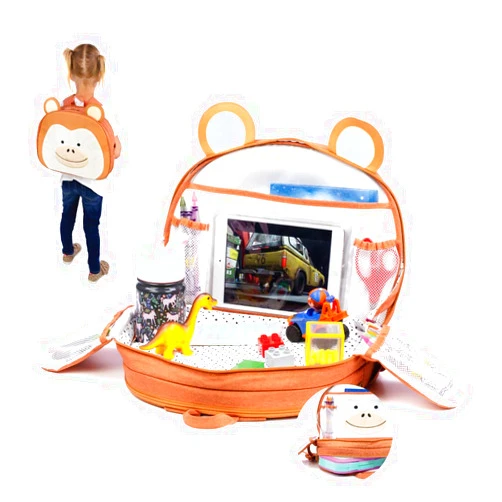 Lulyboo Toddler Car Seat Tray & Backpack - Multipurpose Travel Lap Desk with Built-in Cup Holder, 8 Storage Pockets, Waterproof Cover, Animal Unicorn Design, Inflatable Airplane & Car Travel Accessory
