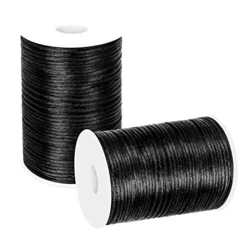 Quefe 2mm x 200 Yards Black Nylon Cord Satin String for Bracelet Jewelry Making Rattail Macrame Waxed Trim Cord Necklace Bulk Beading Thread Kumihimo Chinese Knot Craft (2 Pack)