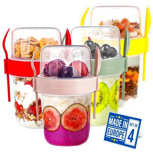 Crystalia Yogurt Parfait Cups with Lids, Large Breakfast On the Go Plastic Bowls with Topping Cereal Oatmeal Salad or Fruit Container with Spoon for Snack Box, Reusable Set of 4 (Large 22 oz)