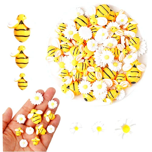 HERZWILD 90Pcs Resin Bee Daisy Flowers Decor Tiny Bees Craft Decoration Flatback Bumble Bee Shaped Embellishment for DIY Crafts Scrapbooking Party Spring Decor (White Sunflowers)