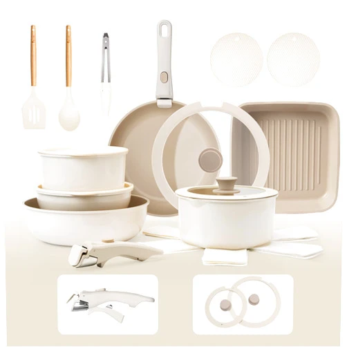 Kikcoin 22-piece cookware set, KIKCOIN non-stick cookware set with removable handles. Stackable to save space, safe for oven, dishwasher, induction and other stovetops