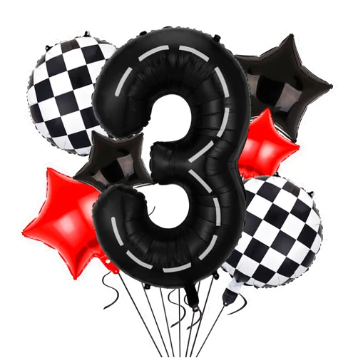 HCYIRPTBL Race Car Birthday Party Balloons,40 Inch Big Mylar Foil Racetrack Number Balloon 3 Black for Boys 3rd Birthday Party Decorations,Race Car Theme Party Decorations Supplies 9 Pcs Set