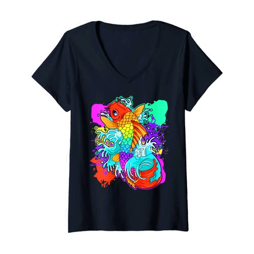 RAINBOW KOI FISH ART APPAREL Womens Rainbow Koi Fish Cool Japanese Tattoo Jinli Japan Coi Carp V-Neck T-Shirt