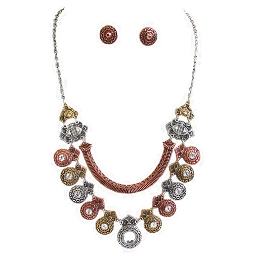 Variety Gift Shop Fashion Jewelry Fashion Jewelry ~ Multi Disc Link Pendant Statement Necklace and Earrings Set for Women Casual