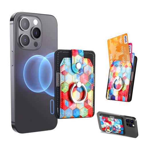 BAILI Premium Leather Magnetic Phone Card Holder Attached Finger Ring-Stick on Wallet for iPhone and Android Smartphone Case Or Some Folding Screen Phone Case,Store 3 Cards or Cash-MHKJ