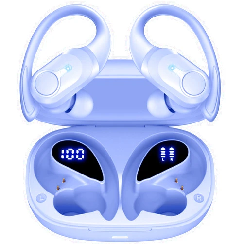 BOLOXA Wireless Earbuds Bluetooth Headphones 70hrs Playback Ear Buds IPX7 Waterproof Wireless Charging Case & Power Display Over-Ear Stereo Bass Earphones with Earhooks for Sports/Workout/Running Purple