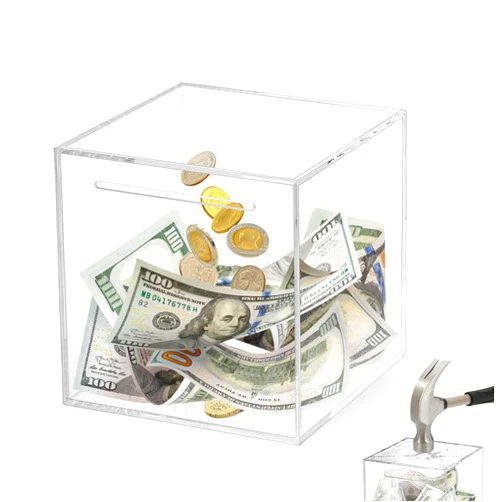 Imeepa Clear Piggy Bank for Adults & Kids - Acrylic Money Savings Box for Cash & Coin, Must Break to Open, Unopenable Piggy Bank for Boys Girls(Clear, 4.72'')