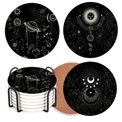 Bribay Coaster for Drinks Set of 6, Moon Vintage Zodiac Astrology Space Absorbent Round Ceramic Stone Mat, with Cork Base and Metal Holder, Gift for Housewarming Room Bar Decor