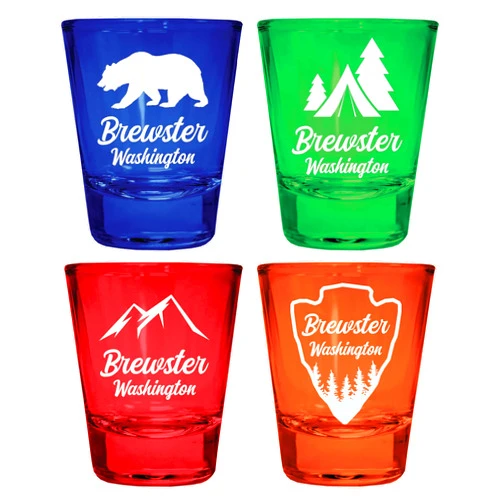 R and R Imports Brewster Washington Souvenir 4-Pack Multicolor Engraved Round Shot Glasses Camping and Outdoors Set