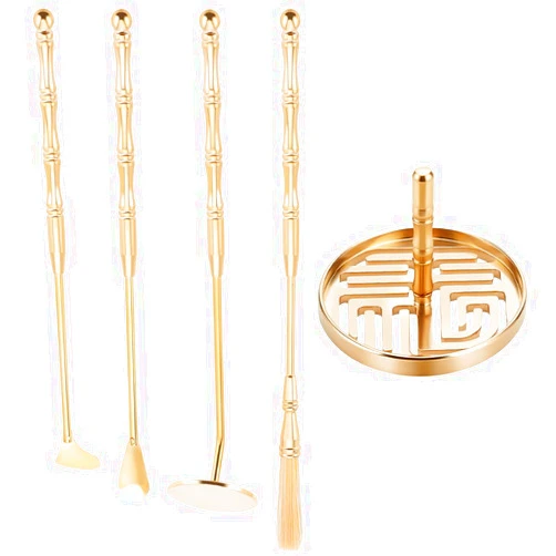 WEBEEDY 5Pcs Incense Making Kit Brass Incense Tool Kit Set- Incense Spoon Incense Press Shovel Brush for Incense Burner Kit Yoga Meditation, Fu Character