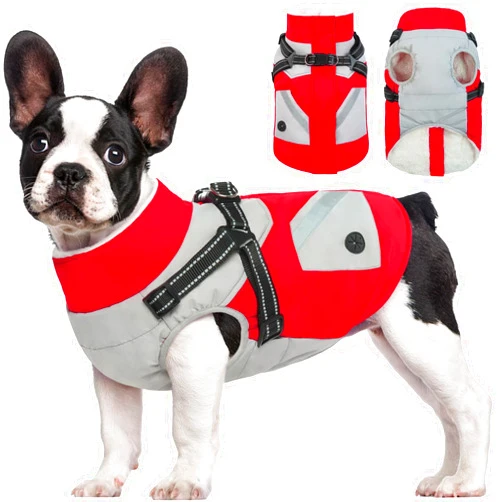 FUAMEY Dog Jackets-Dog Coat with Harness Built in-Waterproof Dog Jacket-Dog Winter Coat with Zipper On Back-Snowsuit Pet Clothes Poop Bag Pockets-Reflective Dog Vest for Large Dogs Red L